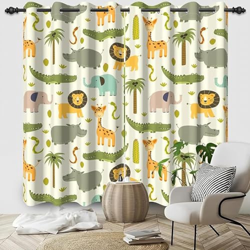 ZZTBQ Cartoon-Tier Vorhänge Blickdicht Kawaii Nette Cartoon Gardinen 2 Stück Verdunkelungsvorhänge Mit Ösen Wilde Tiere Löwe Krokodil Elefant Giraffe Nilpferd 264x240cm