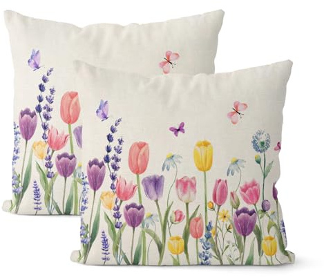 DAFENA Frühlings-Kissenbezüge, 45,7 x 45,7 cm, 2 Stück, rosa Tulpen, Lavendel, Blume, Dekoration, Dekokissen, Schmetterling, Blumen, Pflanze, saisonale Sommer-Outdoor-Dekoration, Kissenbezug, Leinen,
