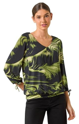 Roman Originals Brush Print V-Neck Tie Sleeve Top for Women UK - Ladies Everyday Autumn Winter Comfy Soft Evening Vacation Work Party Night Out - Green - Size 18