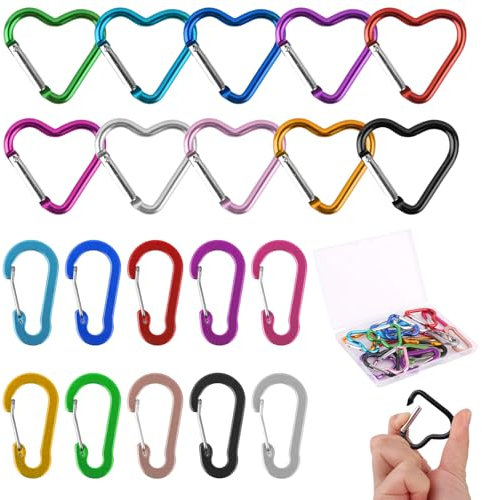 20 Stück Karabinerhaken Set, 10 Herzform & 10 D-Form Karabiner, Bunte Aluminium Karabiner Schlüsselanhänger, Klein Carabiner für Camping, Angeln, Wandern, Reisen, Rucksack, Sport & Freizeit