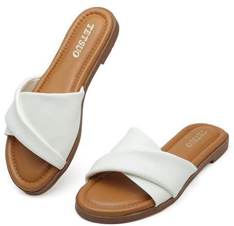 TETSUO Womens Dressy Flat Sandals Open Toe Slip On Leather Slide Sandals Comfort Strappy Slippers for Summer