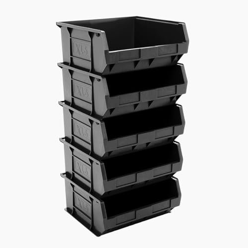 BiGDUG Plastic Parts Bins - Stackable or Wall Mounted Storage Boxes Garage Organiser - Pack of 5 - 180H x 420W x 370D mm - Black