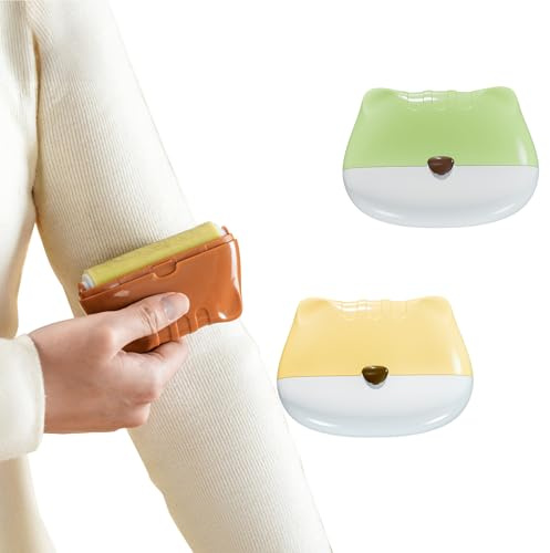 2 Stück Tragbare Waschbare Fusselrolle, Wiederverwendbarer Katzenförmiger Klebriger Fusselroller, Mini Abnehmbarer Tierhaarentferner mit Abdeckung für Kleidung, Möbel, Staub (Yellow+Green)