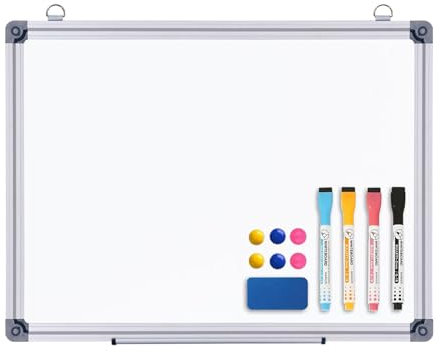 simpa Magnetic Dry Wipe Whiteboard with Silver Aluminium Frame and Pen Tray, 4PC Dry Wipe Pens, 6PC Magnets & White Board Eraser - 40cm (W) x 30cm (H)