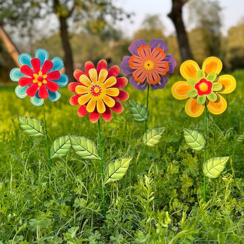 HUTHDAK Metallblumen für den Außenbereich, 4 Stück, 41,5 cm, dekorative Gartenstecker mit schwingenden Blumen, Kopfkunst, Frühlingsgartendekoration für Rasen, Weg und Hof