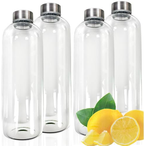 Smart-Planet Lot de 4 gourdes en verre de qualité supérieure - Bouteille en verre borosilicate - 1 l - Avec couvercle en métal aspect acier inoxydable - Pour le sport