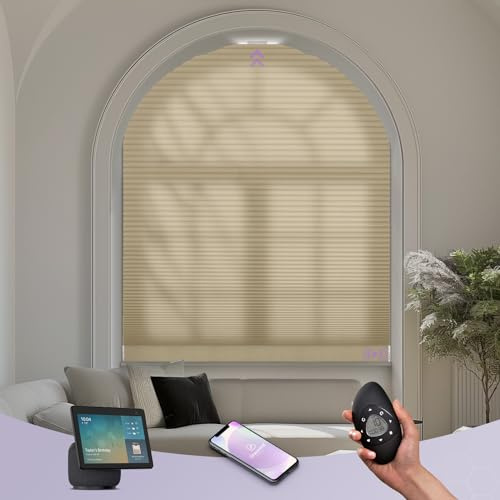 Graywind Smart Arched Blinds Compatible with Alexa Google Motorized Elongated Perfect Arch Shades Solar Powered, Customized Electric Pleated Blinds for Odd-Shaped Window, Dimout Melange Coffee