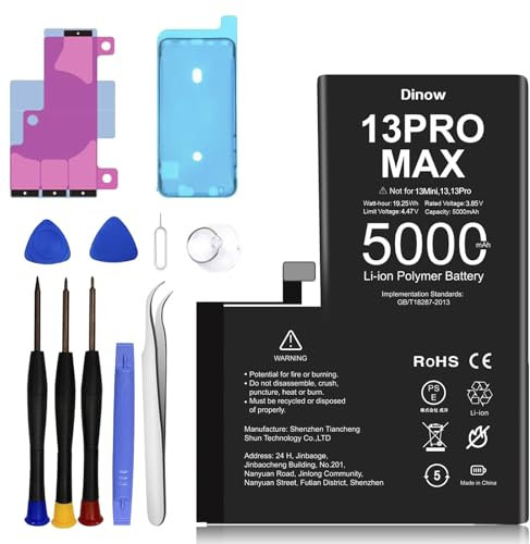 Dinow Batteria per iPhone 13 Promax, 5000mAh Batterie Sostitutive agli Li-ion di litio ad alta Capacità, per iPhone 13Promax Batteri (A2643,A2484,A2641,A2644,A2645) con Kit di Strumenti di Riparazione