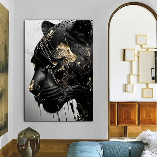 DAMAIART Black and Gold Black Panther Abstract Wall Art Posters and Prints Canvas Painting Wall Picture For Living Room Home Decor 80x120cm Unframed