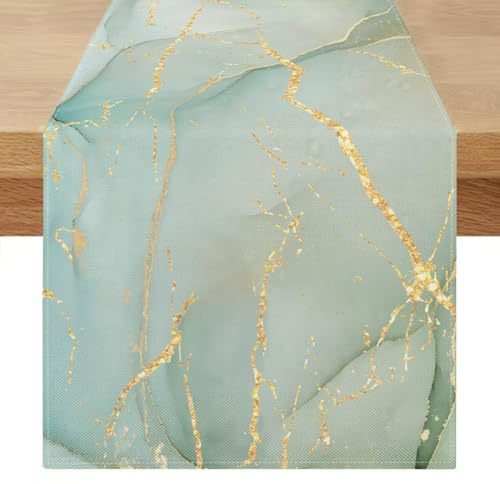 Tischläufer Modern Grau Grüner Marmor Goldene Textur Abstrakte Kunst Bunt Läufer Tisch Leinen Waschbarer Saisonnal Küche Tisch Dekoration für Esszimmer Küchentisch Schlafzimmer 40 x 100 cm