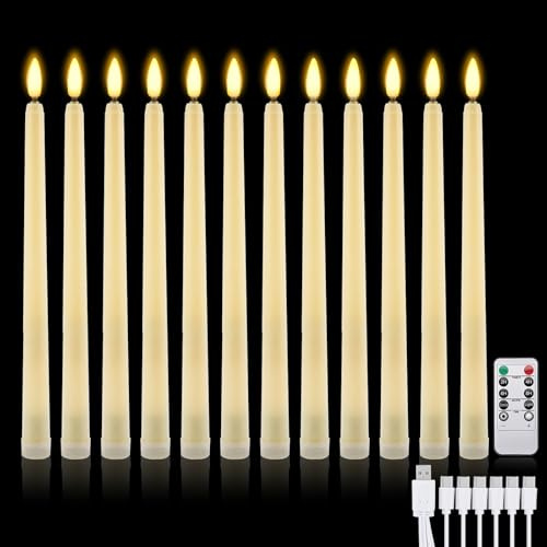 IMAGE 12 Stück Wiederaufladbare LED Stabkerzen mit Fernbedienung und Timer, Flammenlose 3D Docht batteriebetriebene LED Kerzen mit Angelschnur, flackernd warmweißes Licht, ostern partys Weihnachtsdeko