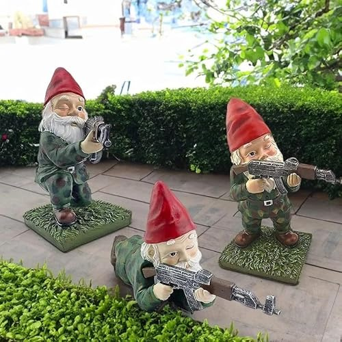 Garden Gnomes Military Gnome Statues with Fake Gun Funny Army Gnomes 11cm (Red Squatting Standing Lying)