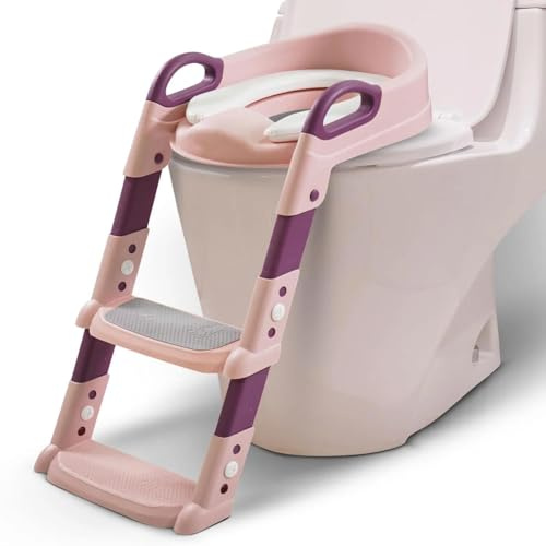 Kids Toilet Training Ladder with Soft Seat & Splash Guard – Foldable Potty Training Chair for Toddlers with Adjustable Step, Anti-Slip Handles & Easy Assembly – Unisex Design (Pink)