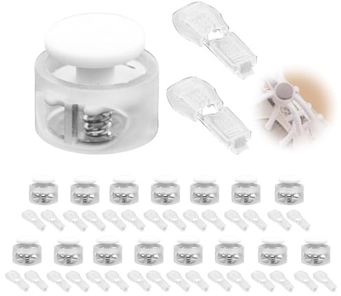 Trpoey 16 + 32 Stück Kordelstopper Metall 2 Loch, Hochwertiges Nylon-Kordelstopper-Set, 16 Metall Kordelstopper und 32 Kordelenden Schnürsenkel in Weiß für Kordelendschloss-Anwendungen