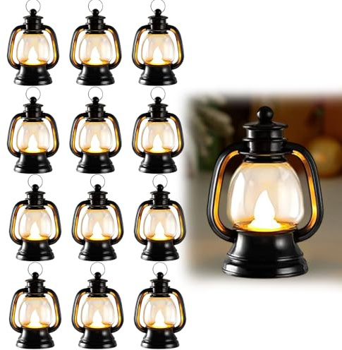DAJASD 12 Stück Mini Laterne, Hängende Kerzenlaterne mit LED-Kerze, Vintage Kerze Laternen, Mini Weihnachtsdeko Laterne, Hängende Dekorativ für Mittelstück Halloween Tischdeko Weihnachten(Schwarz)