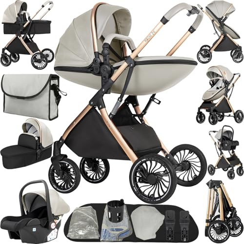 Reenborn Kinderwagen 4 in 1, Buggy mit Zwei Umkehrbaren Schiebemodi, Kinderwagen mit Rahmen Aluminiumlegierung, Buggy 4 in 1 Komplettset mit Ein-Klick-Faltdesign Hohe Landschaft (688 Yellowish)