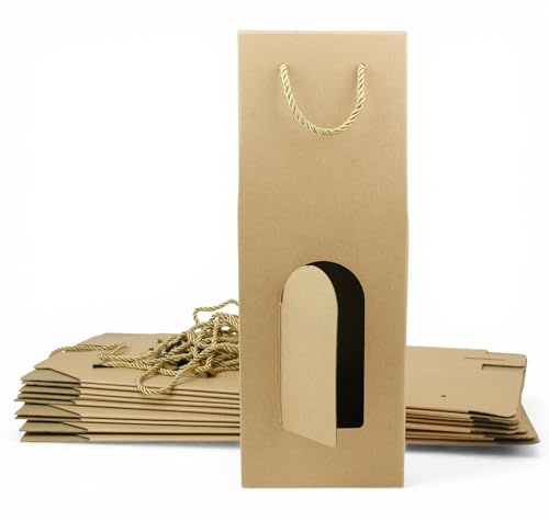 Emartbuy Brown Kraft Bottle Gift Bag with Window & Rope Handle – Premium Single Wine Bottle Holder – Size 36 x 12 x 9 cm – Pack of 12