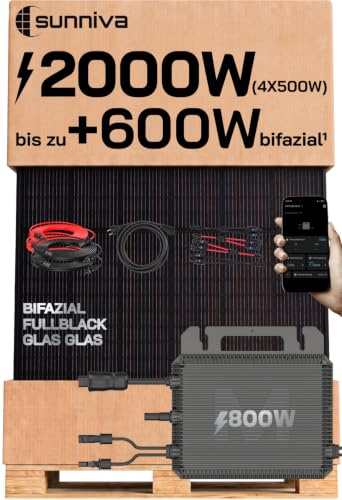 SUNNIVA® 2000W Balkonkraftwerk mit 800W Wechselrichter MARSTEK, BIFAZIAL FULLBLACK komplett Steckdose, PV Solaranlage Komplettset mit 5 m Anschlusskabel und 4x 2.5m Solarkabel, 4x 500W N-Type Glas