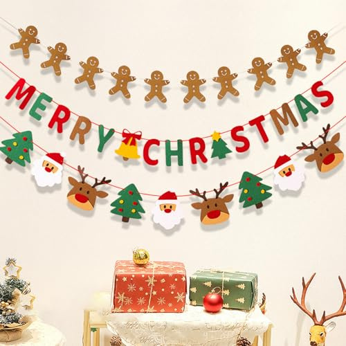 Merry Christmas Banner, 3 Set Lebkuchenmann Weihnachtsbaum Banner Girlande, Felt Weihnachten Bunting Deko Hängende Weihnachtsbanner für Home Office Hotel Party Dekoration Supplies (Stil C)