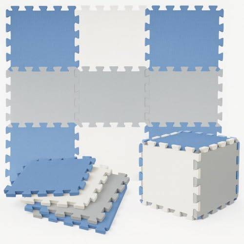 Puzzlematte für Kinder, aus rutschfestem EVA, 18 Stück, blau und grau, 29,5 x 29,5 cm, weich und ungiftig, Krabbelmatte, CE-zertifiziert, WELLDER