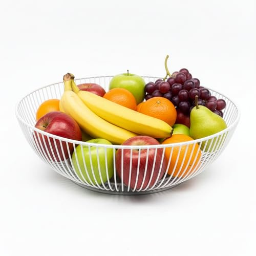 Relaxdays Obstschale Metall, runder Obstkorb, HxD: 8 x 28 cm, Drahtkorb für Früchte, Gemüse & Brötchen, modern, weiß