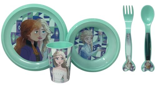 Set stoviglie in plastica riutilizzabile 5 pezzi piatti bicchiere posate per bambini set pranzo (Frozen (2))