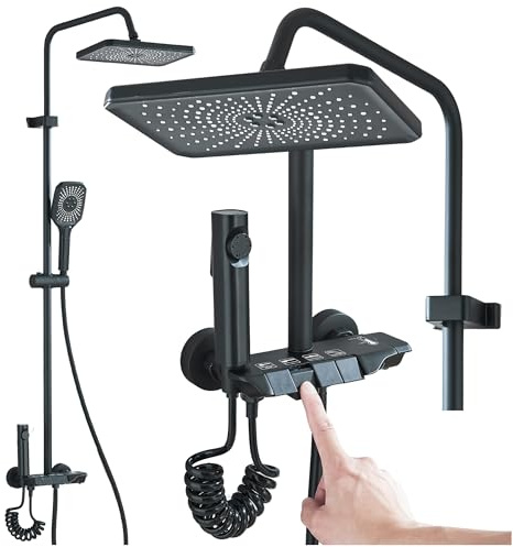 Ari Duschsystem Piano mit Bidetbrause und 360 Grad drehbarer Auslauf Regendusche Aufputz Duschset mit Mischbatterie Handbrause und Keramikventil Multifunktionspaneel für das Badezimmer (Schwarz)
