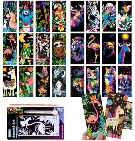 24 Pcs Animal World Scratch Art Set Rainbow Scratch Paper with Bamboo Stick