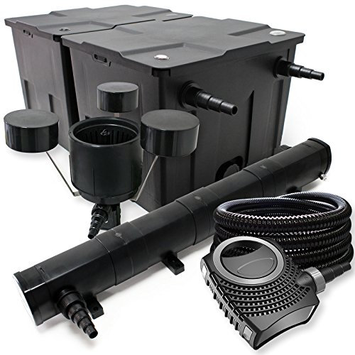 Wiltec Komplettset: CBF-350B Teichfilter bis 60000 L Teichfilteranlage Durchlauffilter, NEO10000 Teichpumpe 10000l/h 80W, CUV-272 Teichklärer 72W, 25m Teichschlauch 25 mm, CSP-250 Skimmer 2500l/h 45W