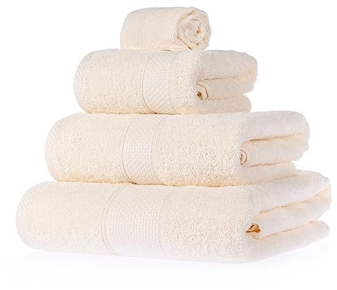 HOMESCAPES Cream Turkish Cotton 4 Piece Towel Set Soft & Absorbent 500 GSM Heavyweight Face Cloth, Hand Towel, Bath Towel & Bath Sheet Towel Bale