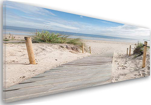 Feeby Bilder Strand Sand Wasser 90x30 cm Wohnzimmer Schlafzimmer Büro Flur Küche Wandbilder Modern Bild auf Leinwand Wanddekoration Kunstdruck Design Gras Landschaft Aussicht Braun Grün Blau