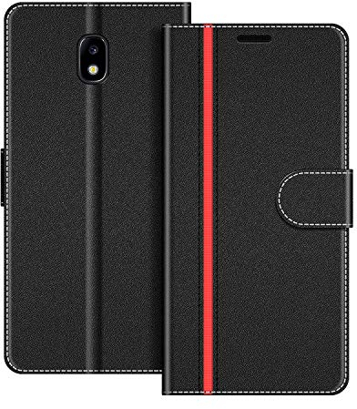 COODIO Schutzhülle aus Leder für Samsung Galaxy J5 2017, Schutzhülle mit Standfunktion für Samsung Galaxy J5 2017, Schwarz/Rot