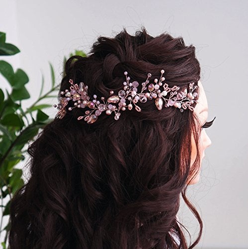 Kercisbeauty Vintage Pink Beads Headband for Brides Headpiece Hair Vine Bridal Hair Accessories Party Prom Tiara