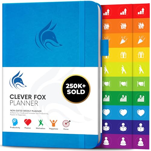 Clever Fox Weekly Planner Undated, Monthly & Daily Notebook, Blue | Goal & time management journal, to-do list, daily habit tracker, stickers, 120gsm paper, for women, men & teens