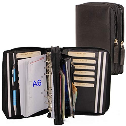 ALMADIH Leder A6 Kombimappe 2 Reißverschluss Fächer Kalender 2025 2026 Premium Rindsleder Schwarz Geschenkbox Ledermappe Kombimappe Schreibmappe Terminplaner Terminkalender Ringbuch Notizblock(A6-K-S)