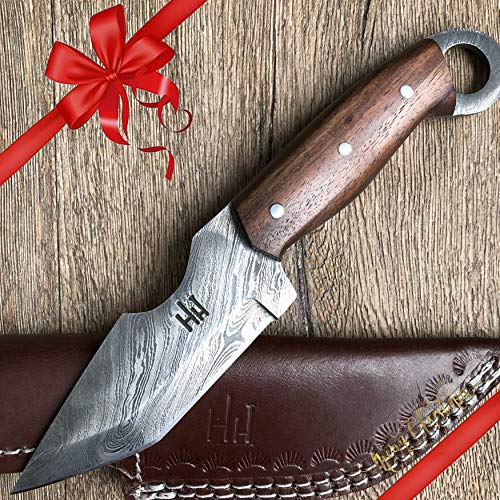 Hobby Hut HH-301, Coltello da Caccia in Damasco da 9.5Fatto a Mano su Misura - Lama Fissa con Codolo Intero, Manico in Legno di Noce - Fodero in Cuoio