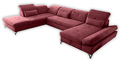 Stella Trading MELFI Wohnlandschaft in U-Form, Stoffbezug Berry - Ausziehbares Sofa mit Schlaffunktion & Bettkasten - 350 x 73 (96) x 245 cm (B/H/T)