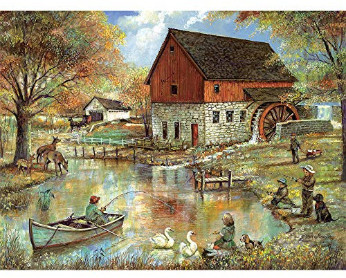 Bits and Pieces - 300 Piece Jigsaw Puzzle for Adults 18 x 24 - The Old Mill Pond - 300 pc Classic Country Farm Jigsaw by Artist Ruane Manning