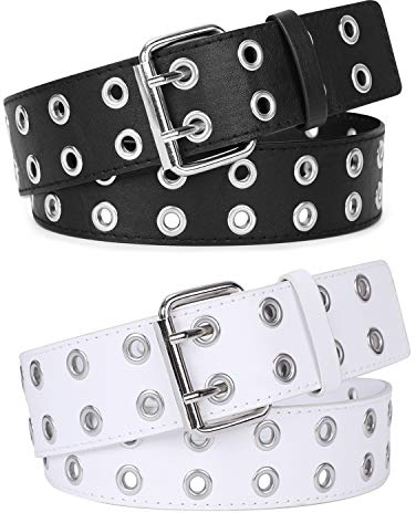 2 Stück Doppelösen PU-Leder Gürtel für Damen/Herren Punk Metall Jeans 2 Loch Gürtel breit 3,8 cm Gr. L:Hosen 107/117 cm, 01-schwarz + weiß