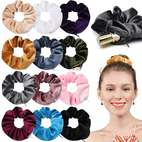 12 Stück Samt-Haargummis mit Reißverschlusstasche, elastische versteckte Tasche, Haargummis mit Reißverschlusstasche, für Frauen und Mädchen, Geschenk, Haar-Accessoires