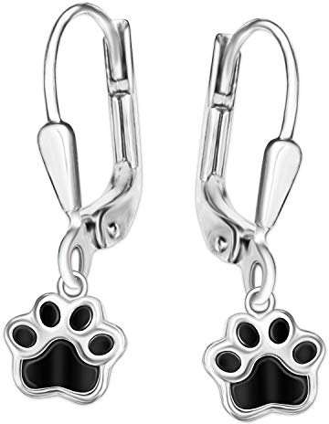 Clever Schmuck Silberne Ohrringe Hundepfote Ohrhänger 24 mm mit Pfote 9 x 8 mm schwarz lackiert glänzend STERLING SILBER 925 für Damen, Kinder oder Jugendliche