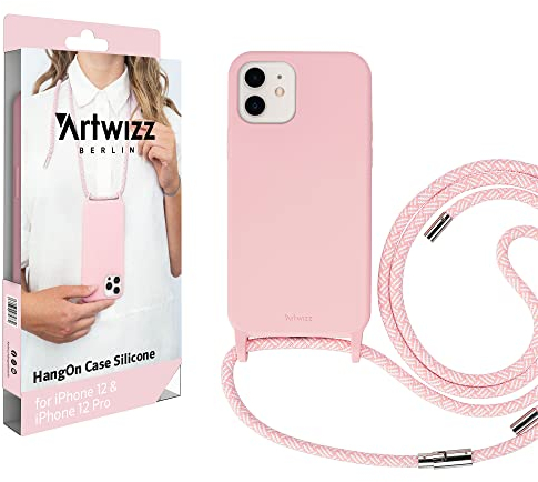 Artwizz HangOn Case geeignet für iPhone 12/12 PRO - Elastische Schutzhülle aus Silikon als Handykette zum Umhängen mit Band - Light Salsa