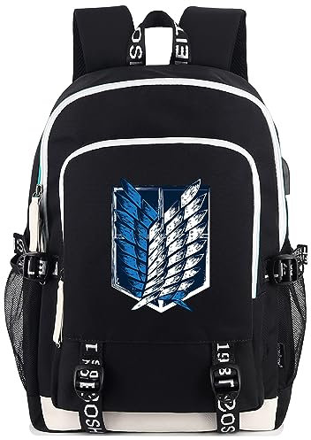 Roffatide Attack on Titan Wings of Freedom Laptop-Rucksack Fit 15,6 Zoll Schultasche Tagesrucksäcke mit USB-Ladeanschluss & Kopfhöreranschluss Schwarz