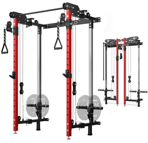 Mikolo Folding Squat Rack, Wall Mounted Power Rack with Cable Crossover Machine & LAT Pull Down, Functional Trainer with 5 Adjustable Function Modes, for Home Gym and Space Saving(Red)