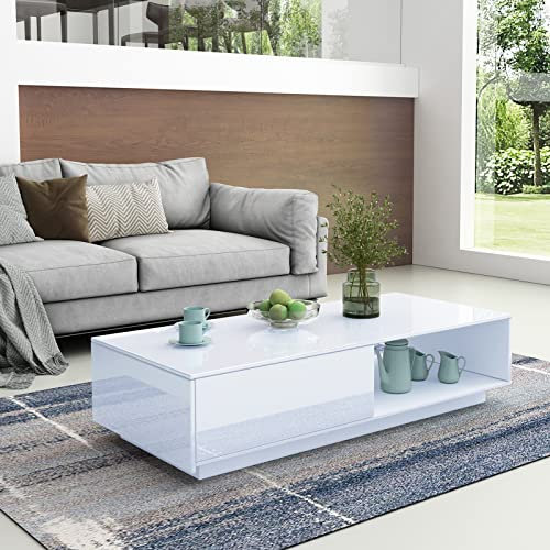 Couchtisch mit Stauraum - Weiß Glänzender Rechteckiger Mitteltisch für Wohnzimmer und Home-Office - Mit Schublade und Offenem Regal, 95 x 55 x 31 cm