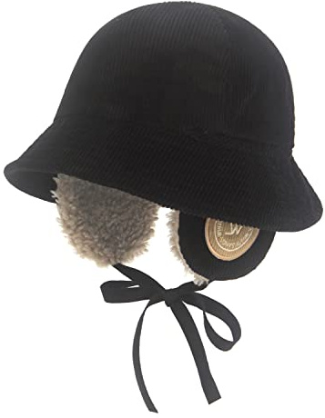 Cord Ohrenschützer Bucket Hat Sunny Ear Flaps Kinnriemen Trapper Trooper Hut, Schwarz, S/M