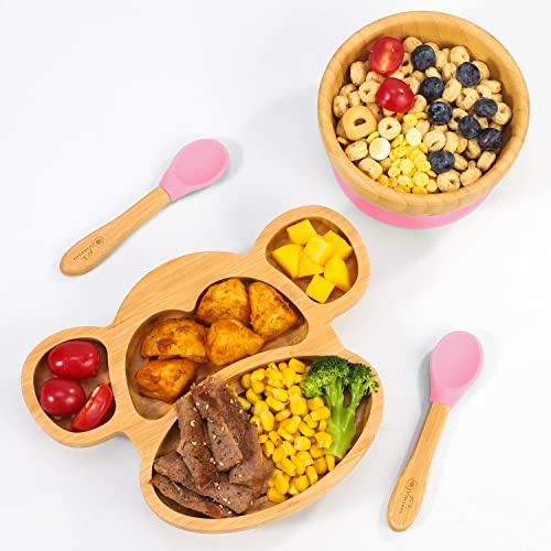 Vinsani Baby Bamboo Weaning Set, Suction Plate, Bowl & Spoon for Toddler | Food-Grade Silicone Baby Feeding Set, Non-Slip Base Bowl, BPA-Free Wooden Dinnerware for Kids, Monkey Themed - Pink