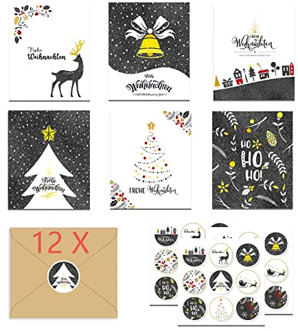 Mizijia 12er Schön Weihnachtskarten mit Umschlägen, Modern Klappkarten, Weihnachtspostkarten Kraftpapier, für die Schönsten Weihnachtsgrüße - Frohe Weihnachten