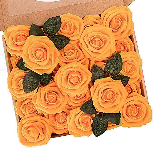 N&T NIETING Künstliche Blumen Rosen, 25 Stück Schaumrosen Fake Rosen mit Stielen, Deko Blumen Herbstblumen Blumendeko für Hochzeit Blumensträuße Braut Herbstdeko Zuhause Dekoration, Orange