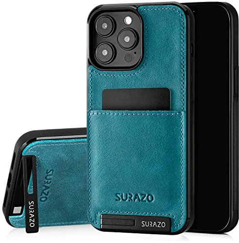 SURAZO Premium Genuine Leather Back Case for Apple iPhone 14 Pro Case - Shockproof Leather Mobile Phone Case Cover with Card Slot, Stand Function, Key Chain, Vintage Slim Bumper Protective Case